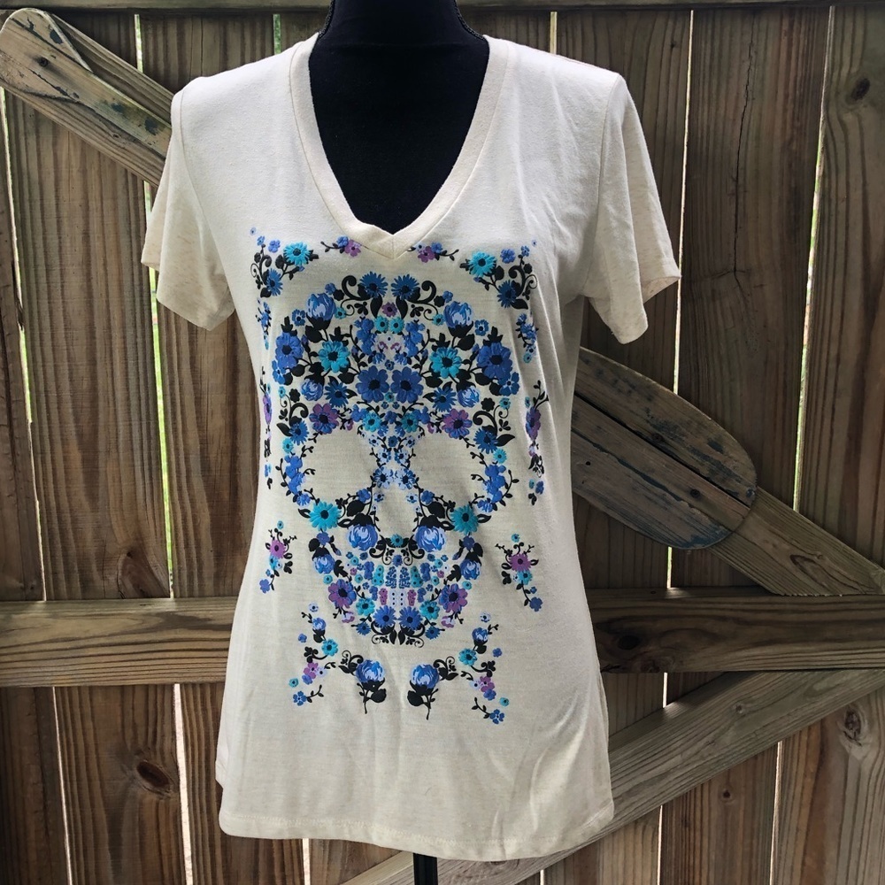 Hybrid Apparel Floral Skull Graphic Short Sleeve V-Neck T-Shirt XL Jr